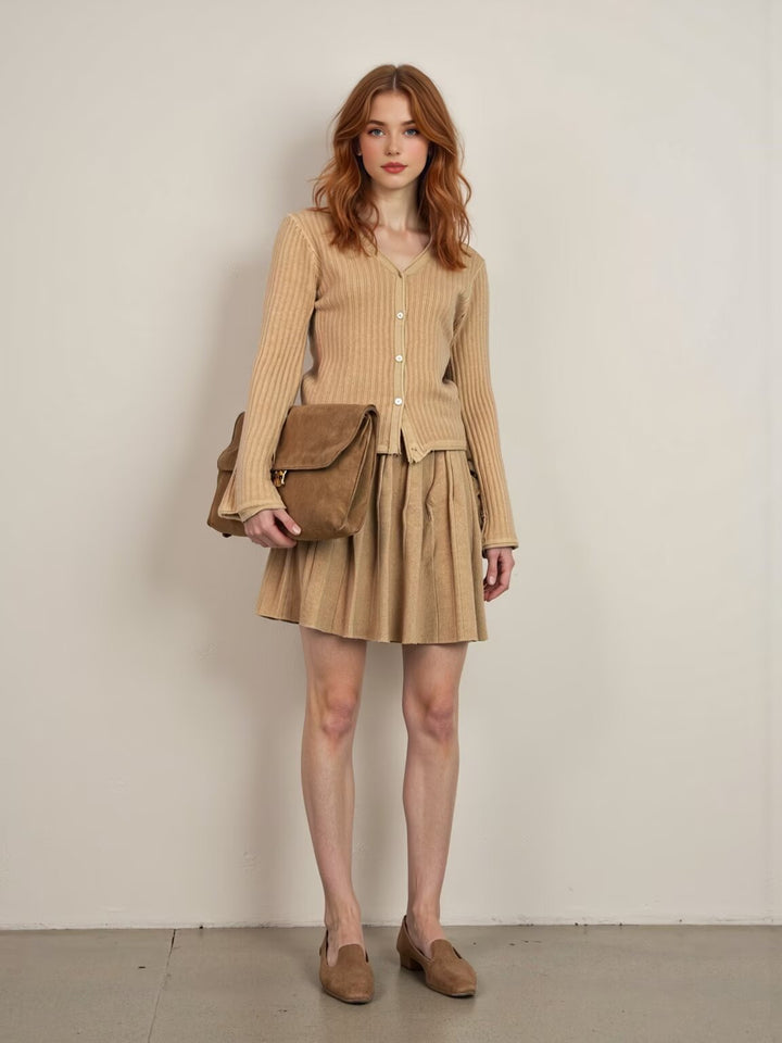 Damen Feinstrick-Cardigan mit V-Ausschnitt und plissiertem Minirock-Set Drune