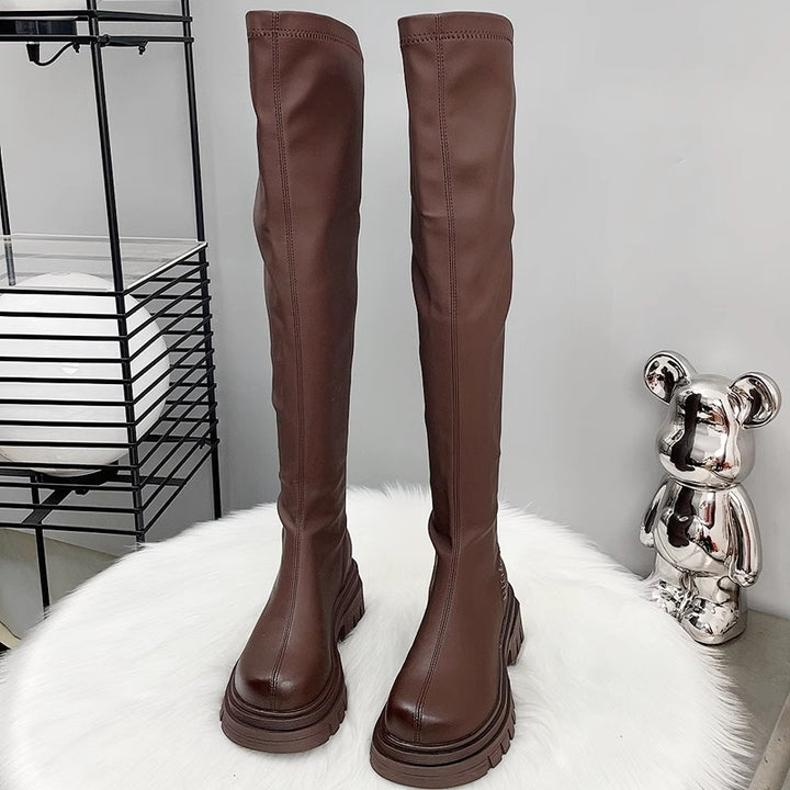 Damen Oberschenkelhohe Stretch-Stiefel mit schlankem Schaft und geformter Plateau-Sohle Drune