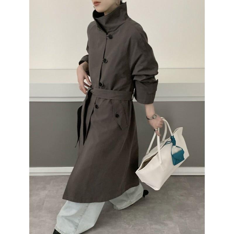 Damen Midilanger Trenchcoat mit hohem Stehkragen, Bindegürtel und lässiger Oversize-Silhouette Drune