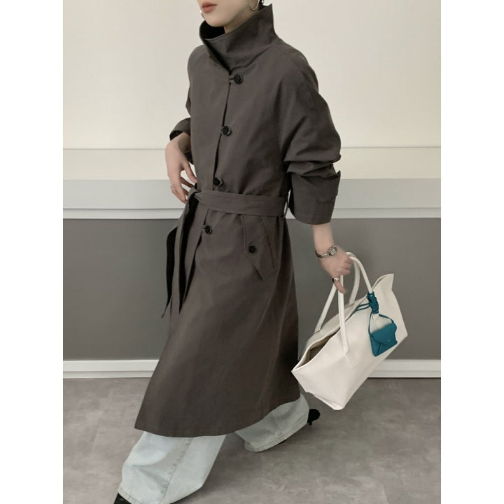 Damen Midilanger Trenchcoat mit hohem Stehkragen, Bindegürtel und lässiger Oversize-Silhouette Drune