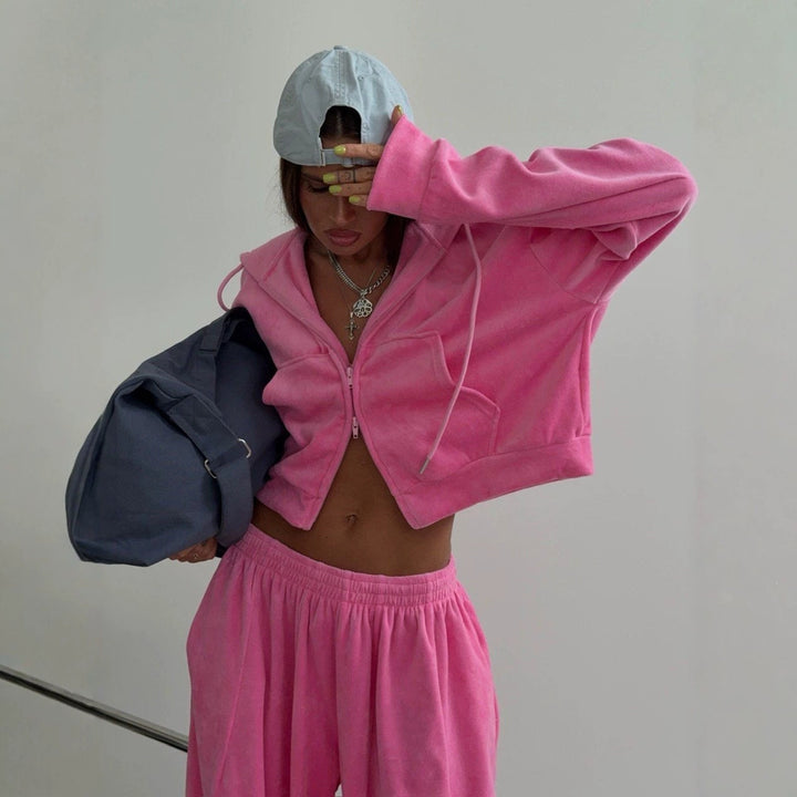 Damen Velours-Set Oversize mit Cropped-Zip-Hoodie und weiter Bundfaltenhose Drune