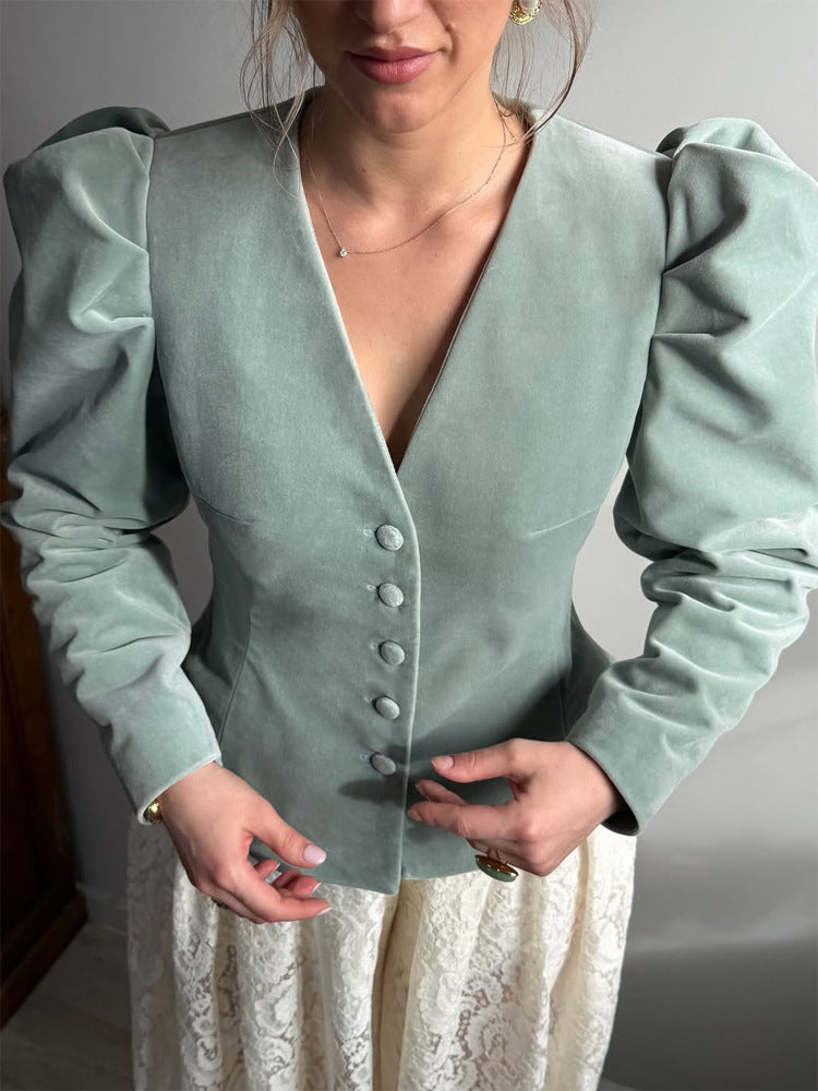 Damen Taillierter Samtblazer mit betonter Taille, V-Ausschnitt und voluminösen Puffärmeln Drune