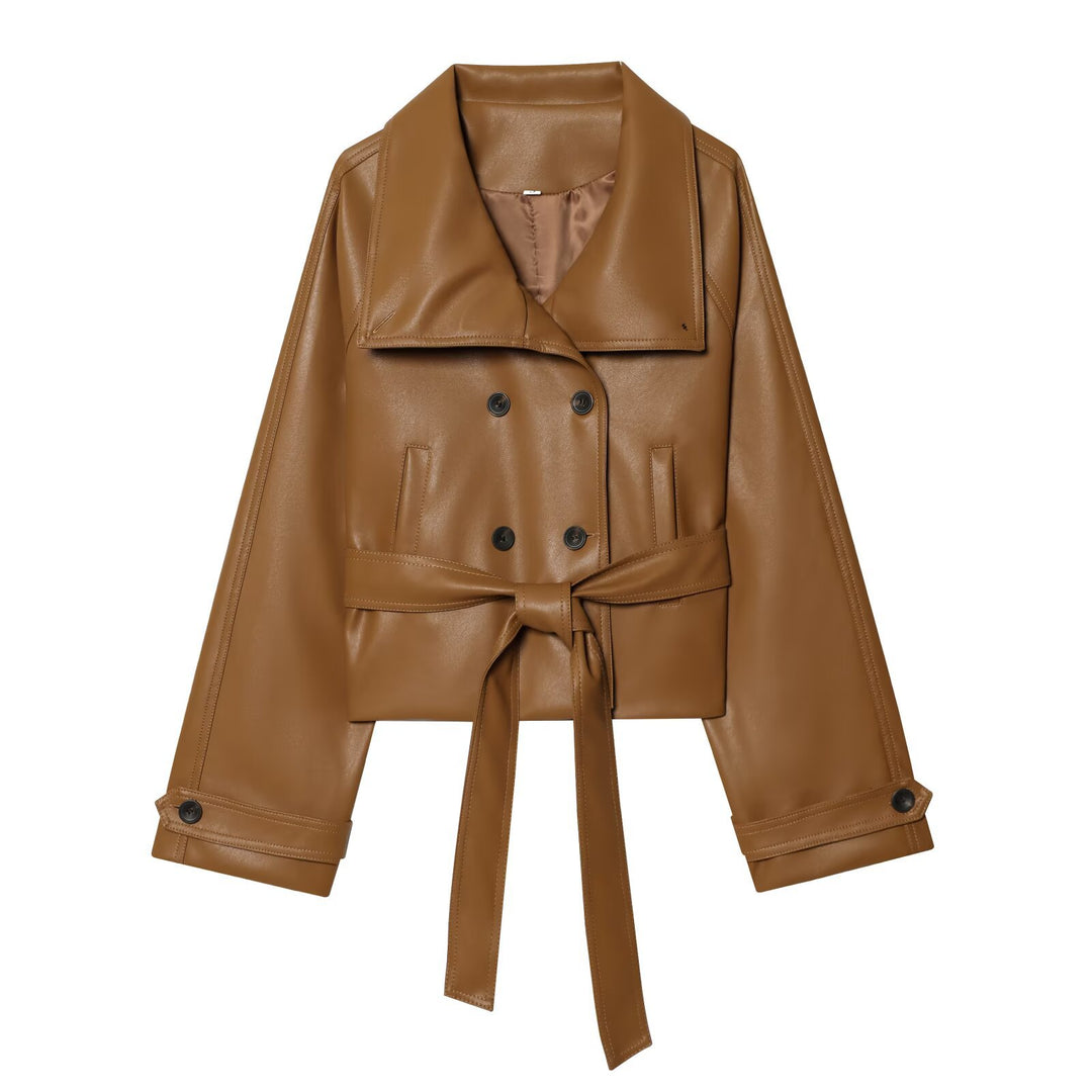 Damen Kurz geschnittener Kunstleder-Trenchcoat mit übergroßem Revers, doppelreihiger Knopfleiste und Bindegürtel Drune