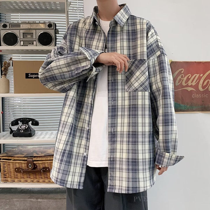 Herren Oversized Karo-Flanellhemd mit Brusttasche und Drop-Shoulder Drune