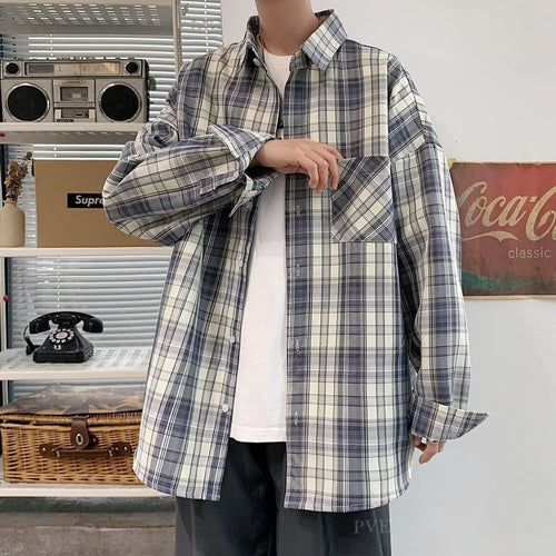 Herren Oversized Karo-Flanellhemd mit Brusttasche und Drop-Shoulder Drune