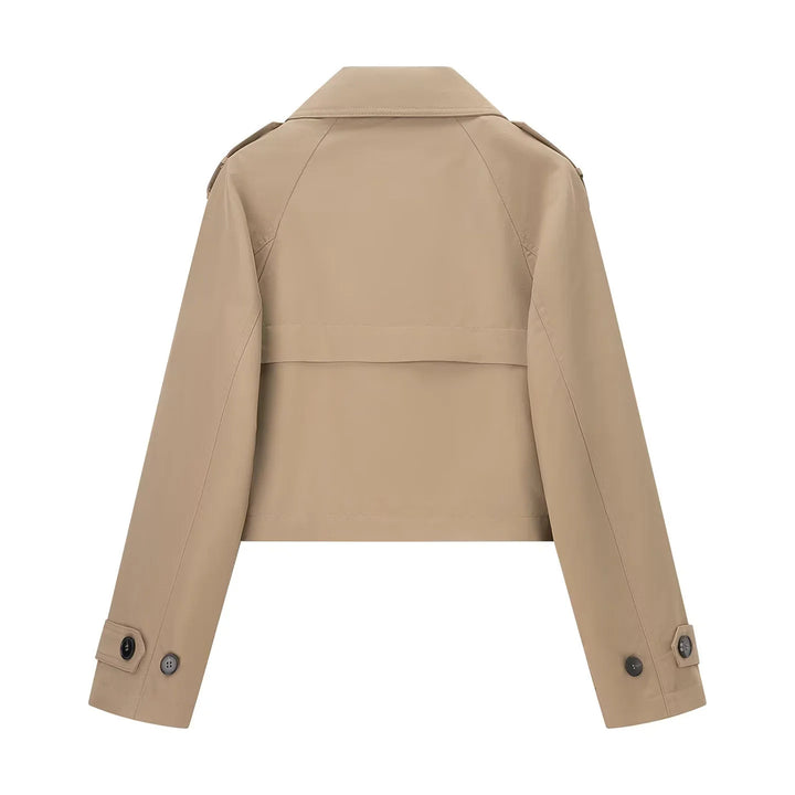 Damen nan kurzgeschnittener Cropped‑Trenchcoat mit doppelreihiger Knopfleiste und Schulterklappen Drune
