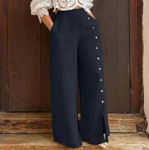 Damen weite Baumwollhose mit seitlichen Knopfdetails und eleganter Beinöffnung Drune