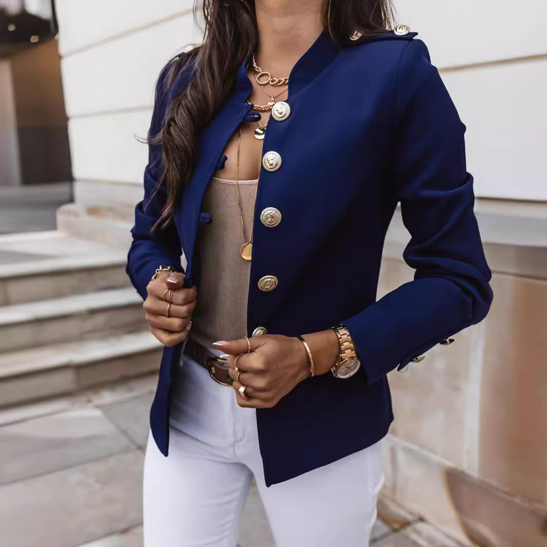 Damen nan militärischer Blazer mit Stehkragen und dekorativen Goldknöpfen Drune