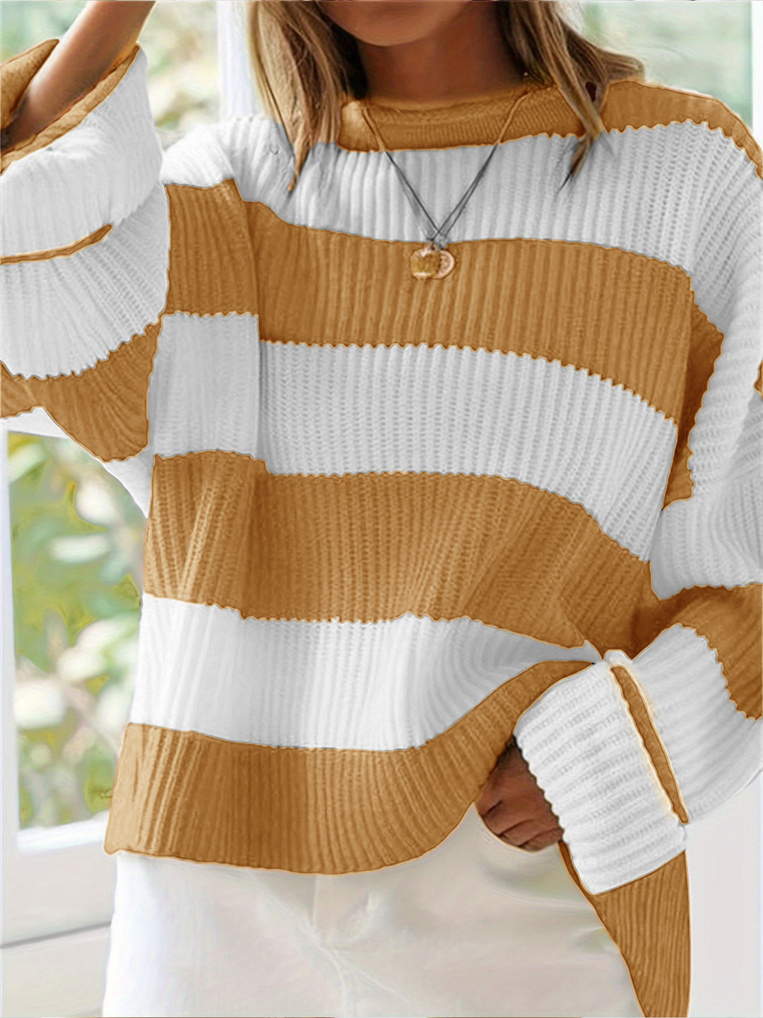Damen lässiger Strickpullover mit breiten Streifen und lockerer Passform Drune