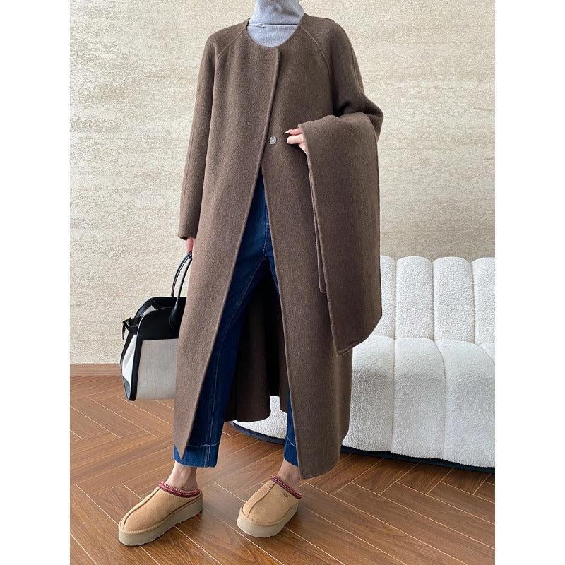 Damen eleganter Wickelmantel mit großzügigem Kragen und praktischem Gürtel Drune