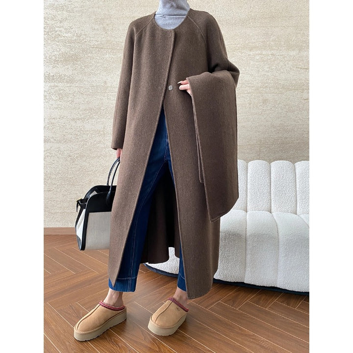 Damen eleganter Wickelmantel mit großzügigem Kragen und praktischem Gürtel Drune