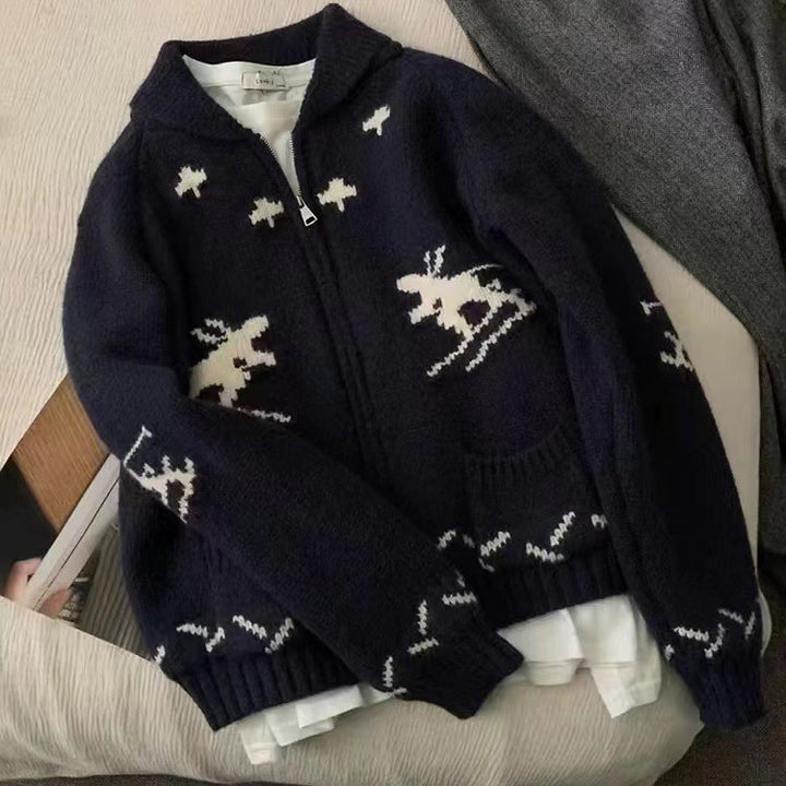Damen Kuschelige Strickjacke mit tierischem Muster und Reißverschluss Drune