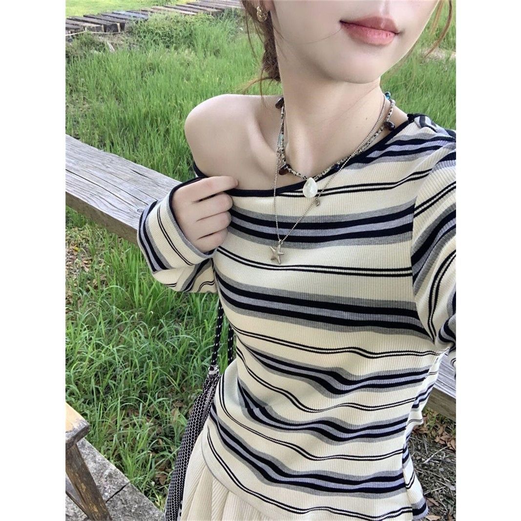 Damen trendiges Langarmshirt mit Off-Shoulder Design und maritimem Streifenmuster Drune