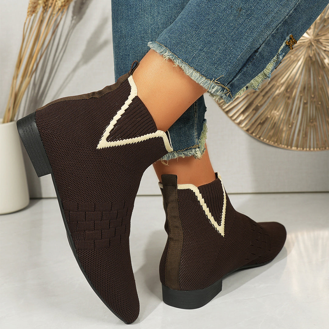 Damen nan gestrickte Sock-Stiefelette mit elastischem V-Einsatz, Zugschlaufe und flachem Blockabsatz Drune