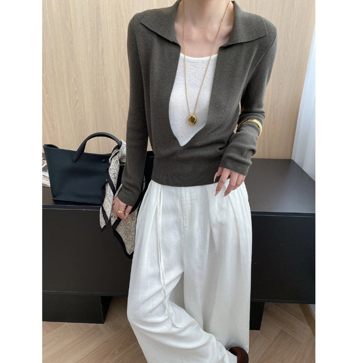 Damen eleganter Pullover mit tiefem Ausschnitt und feinen Details Drune