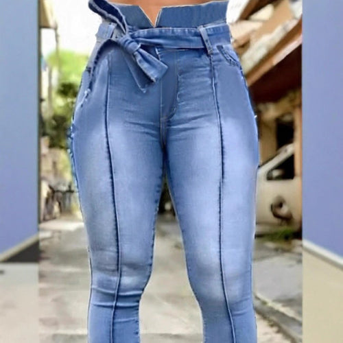 Damen Hochtaillierte Paperbag-Skinny-Jeans mit Bindegürtel und vertikaler Nahtführung Drune