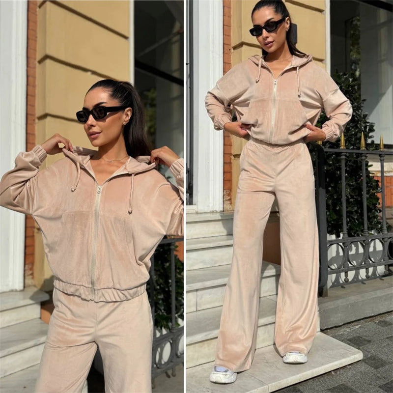Damen Velours-Zip-Kapuzenjacke mit Marlene-Jogginghose Lounge-Set Drune