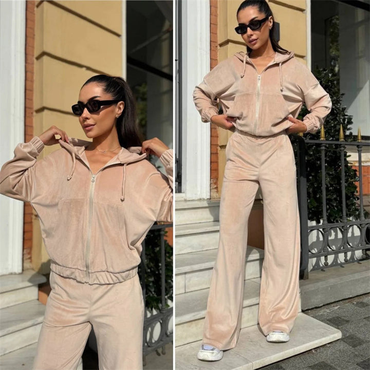 Damen Velours-Zip-Kapuzenjacke mit Marlene-Jogginghose Lounge-Set Drune