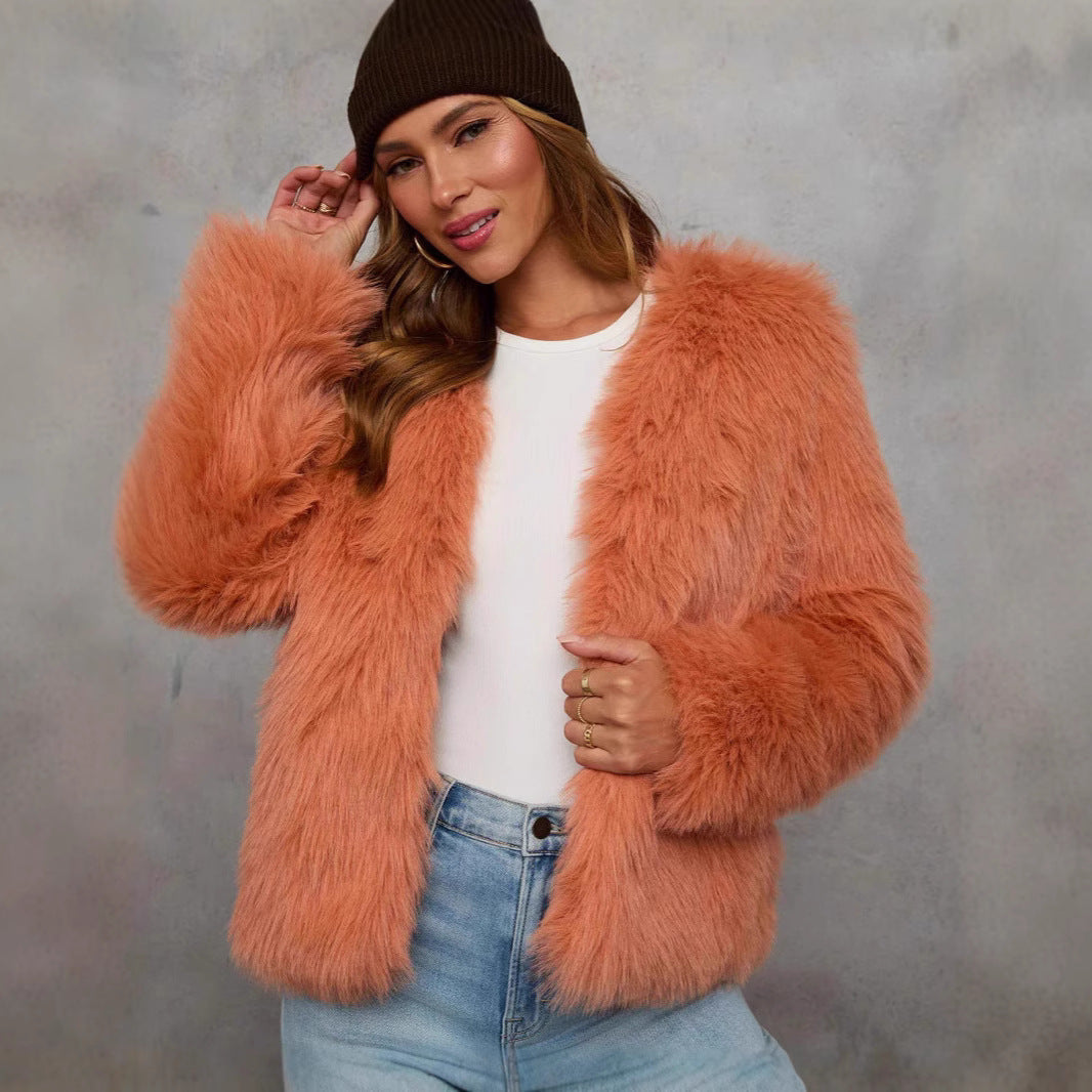 Damen kuschelige Kunstpelzjacke mit offener Front und voluminösen Ärmeln Drune
