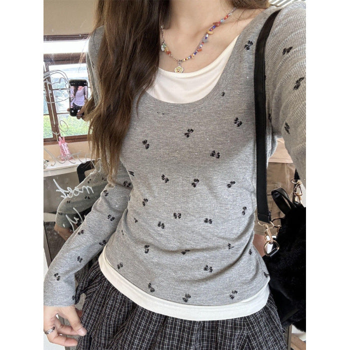 Damen modisches Langarmshirt mit floralem Strukturmuster Drune