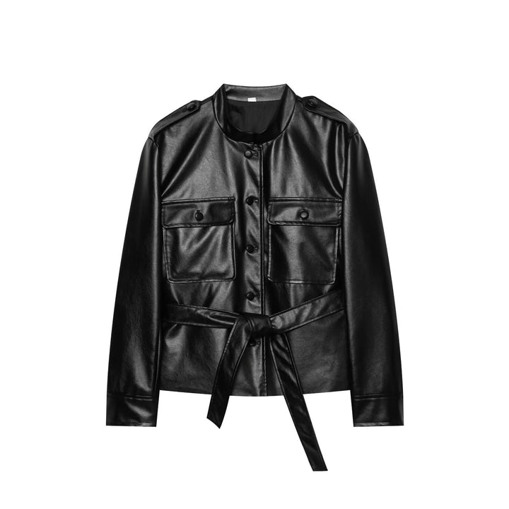 Damen Taillierter Kunstleder‑Blousonjacke mit Bindegürtel, Pattentaschen und Stehkragen Drune