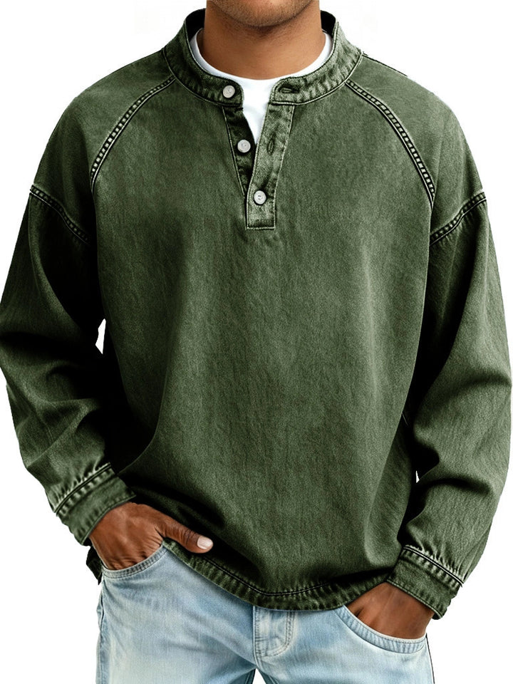 Herren nan verwaschenes Henley-Shirt mit Stehkragen, lockerer Passform und Knopfleiste Drune