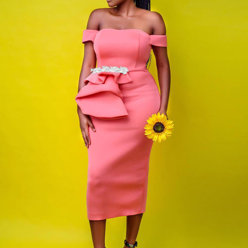 Damen Midi-Kleid mit asymmetrischen Trägern und floralen Details Drune