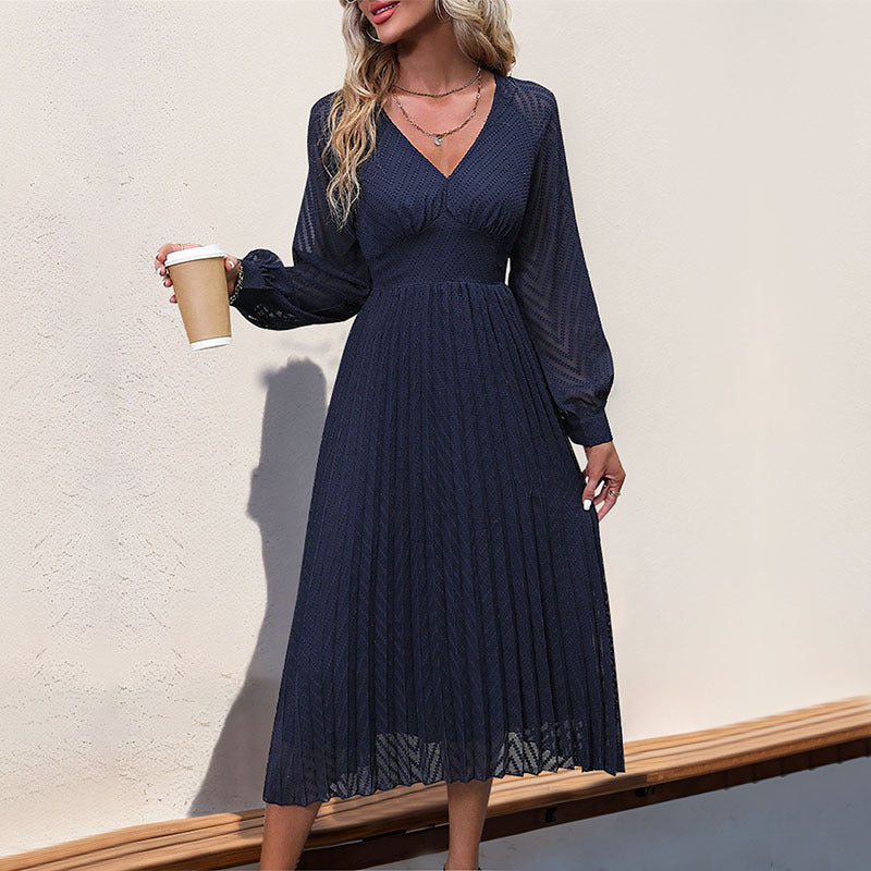Damen Plissee Midi-Kleid mit V-Ausschnitt und langen Ärmeln Drune