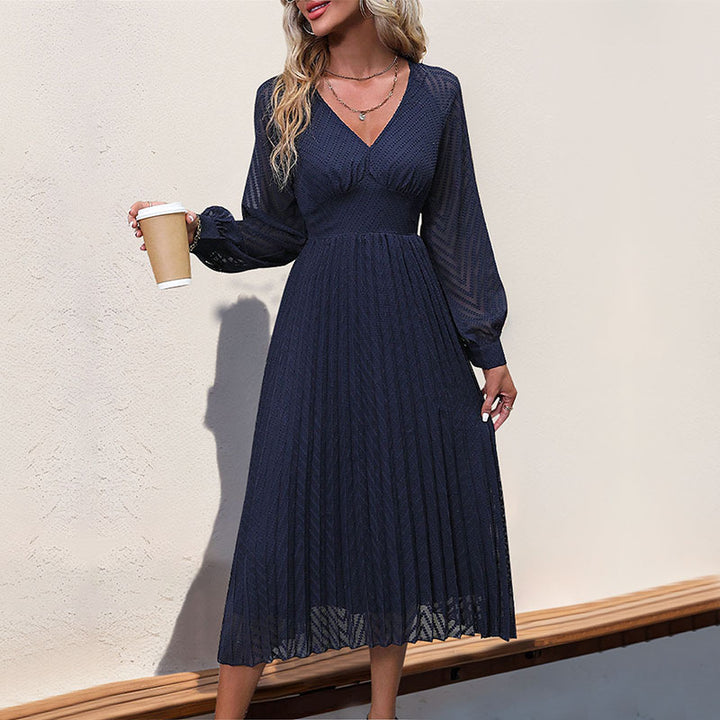 Damen Plissee Midi-Kleid mit V-Ausschnitt und langen Ärmeln Drune