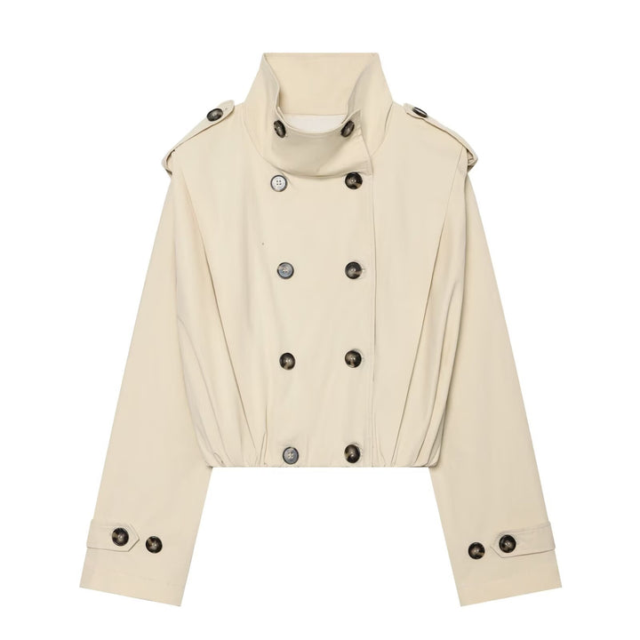 Damen Cropped Doppelreihiger Trench‑Blouson mit hohem Stehkragen, Schulterklappen und elastischem Saum Drune