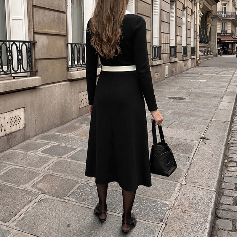 Damen Elegantes A-Linien-Midikleid mit V-Ausschnitt, Zierknopfleiste, Kontrastpaspel & Bindegürtel Drune