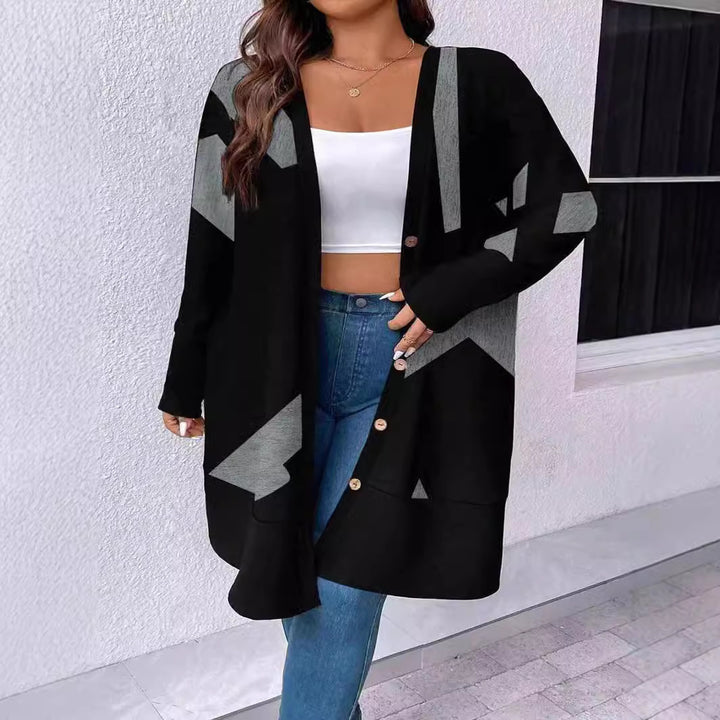 Damen Oversize Strickcardigan mit geometrischem Muster, Knopfverschluss und aufgesetzten Taschen Drune