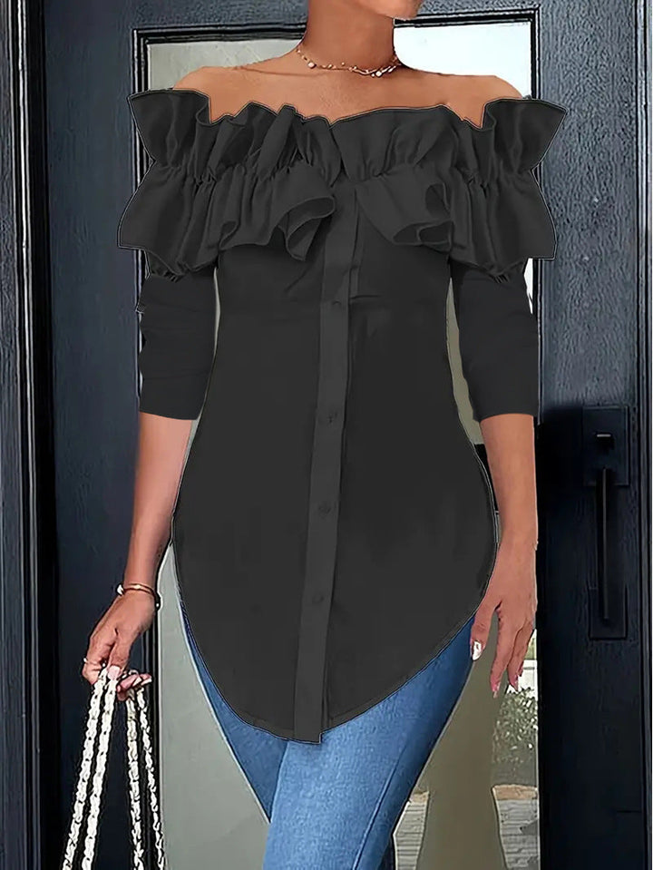 Damen Off-Shoulder Bluse mit Rüschen und Knopfleiste Drune