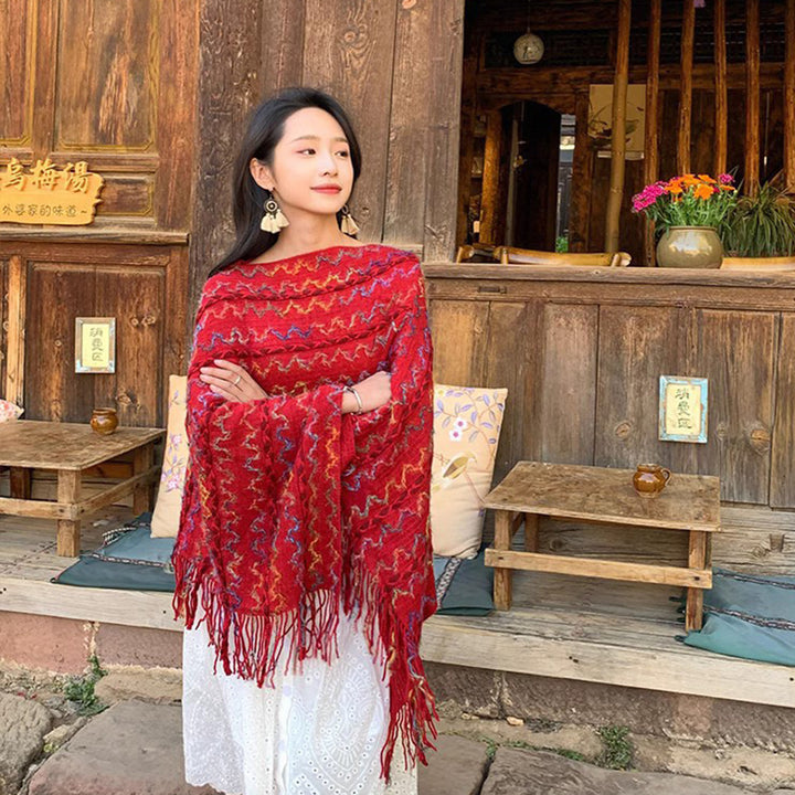 Damen Gestrickter V-Ausschnitt-Poncho mit Fransen und Strukturjacquard Drune