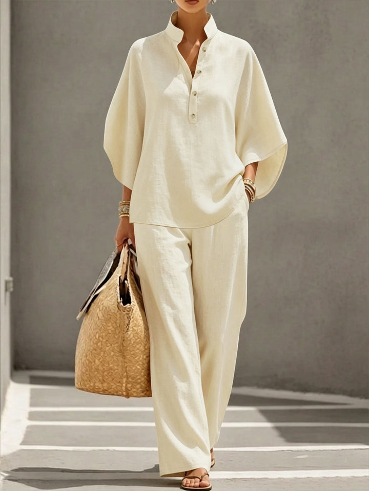 Damen Leichtes Jersey-Set mit Oversize-Henleybluse, Kimonoärmeln und weiter Bundhose Drune