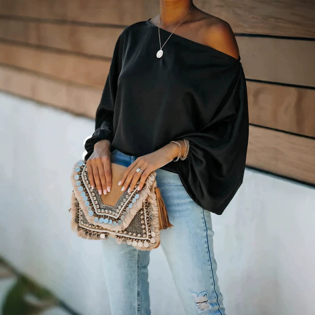 Damen Satinbluse mit asymmetrischem Carmen-Ausschnitt und weiten Fledermausärmeln Drune