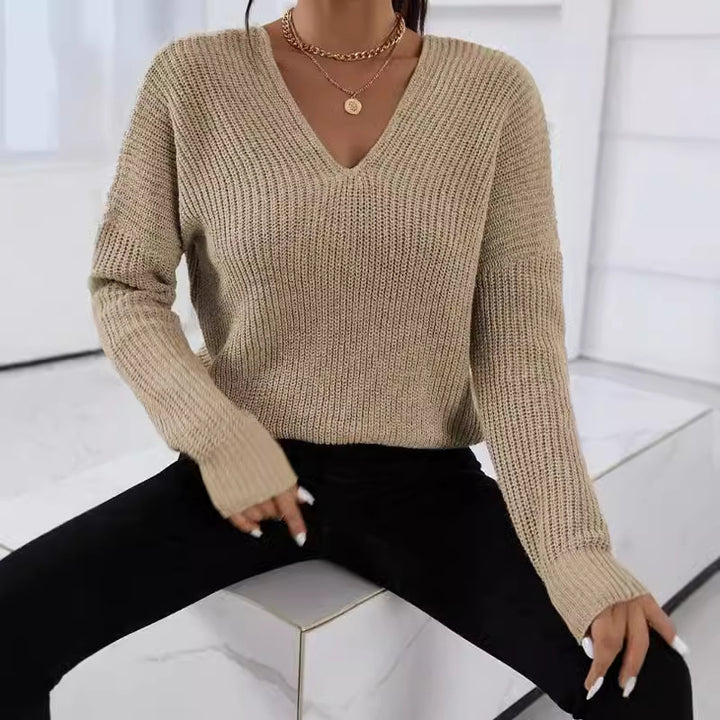 Damen V-Ausschnitt Strickpullover mit breiten Ärmeln und weichem Material Drune