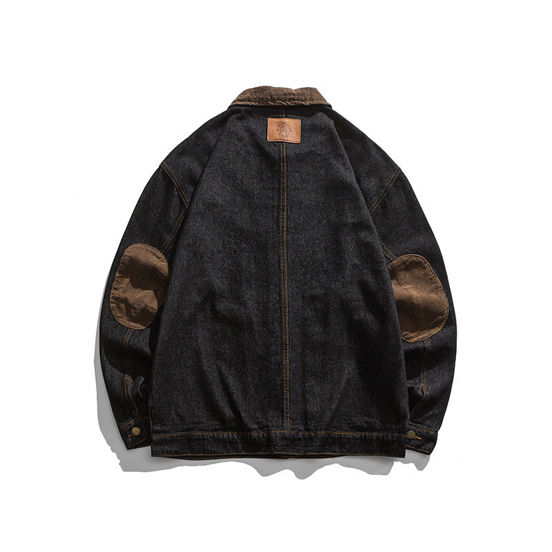 Herren Boxy Denim-Workerjacke mit Cordkragen, Pattentaschen und Ellbogenpatches Drune