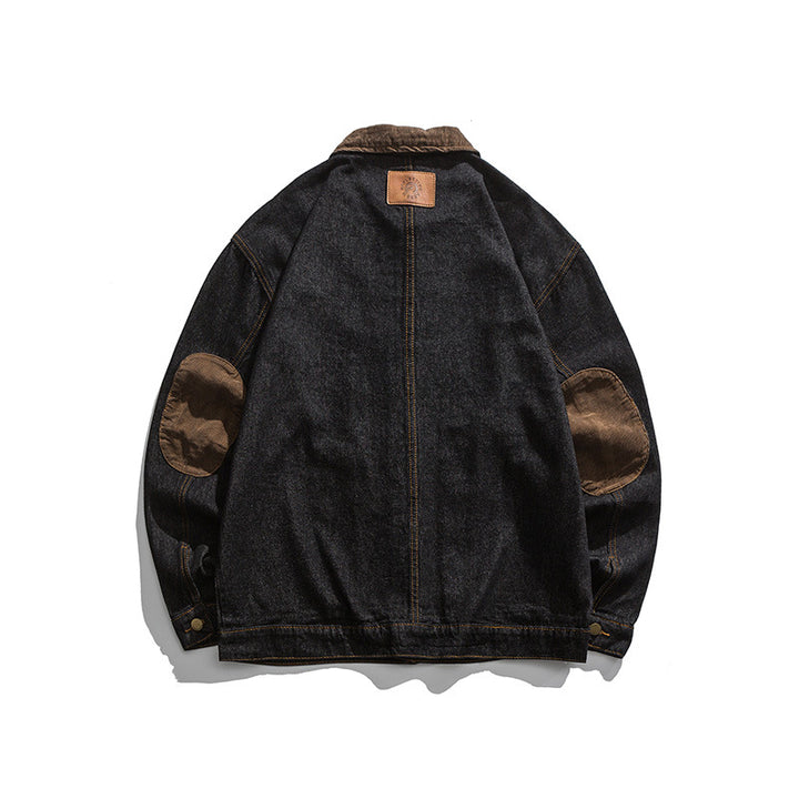 Herren Boxy Denim-Workerjacke mit Cordkragen, Pattentaschen und Ellbogenpatches Drune