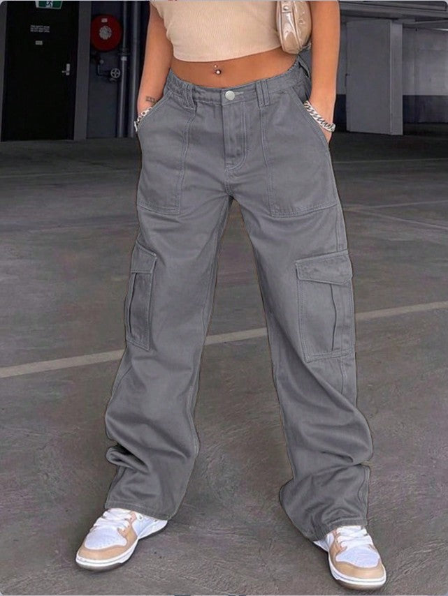 Damen weite Cargo-Hose mit hoher Taille, aufgesetzten Klappentaschen und legerer Baggy-Passform Drune