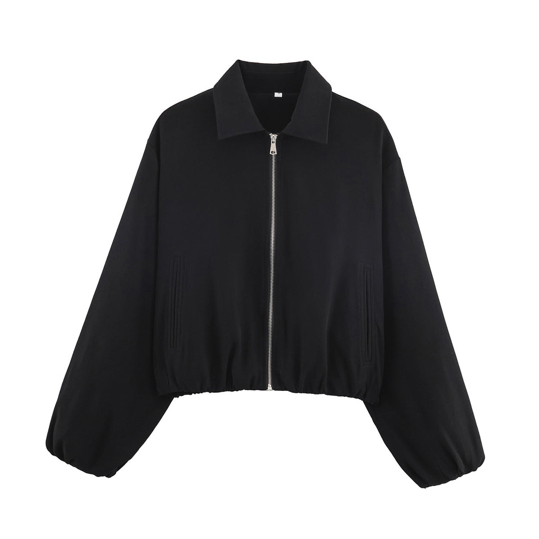 Damen Cropped Bomberjacke mit Ballonärmeln, elastischem Saum und Reverskragen Drune