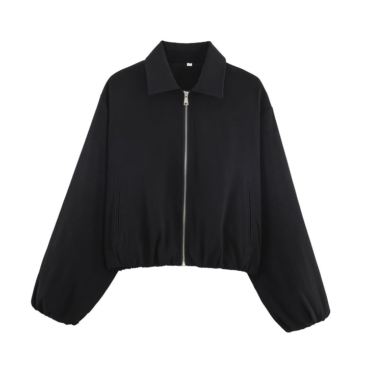 Damen Cropped Bomberjacke mit Ballonärmeln, elastischem Saum und Reverskragen Drune