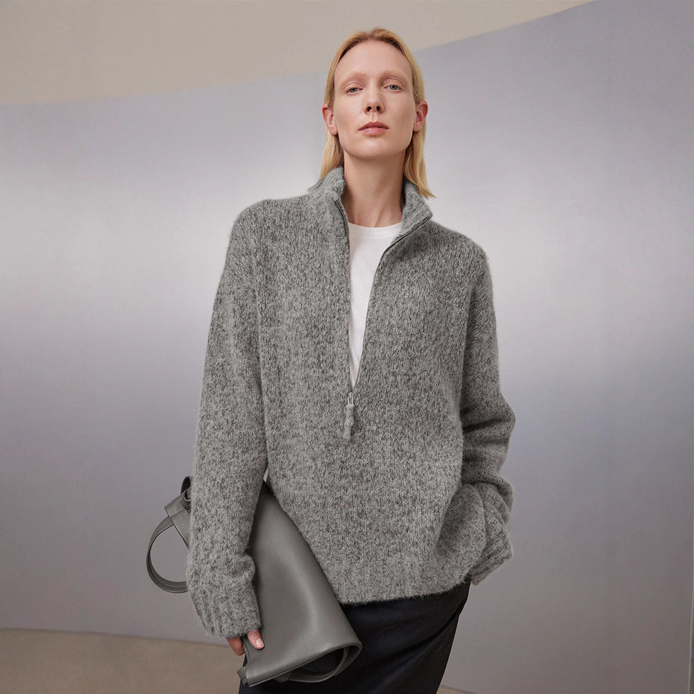 Damen Grobstrickpullover mit hohem Kragen und halber Reißverschluss Drune