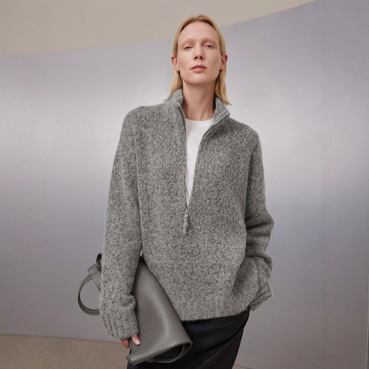 Damen Grobstrickpullover mit hohem Kragen und halber Reißverschluss Drune