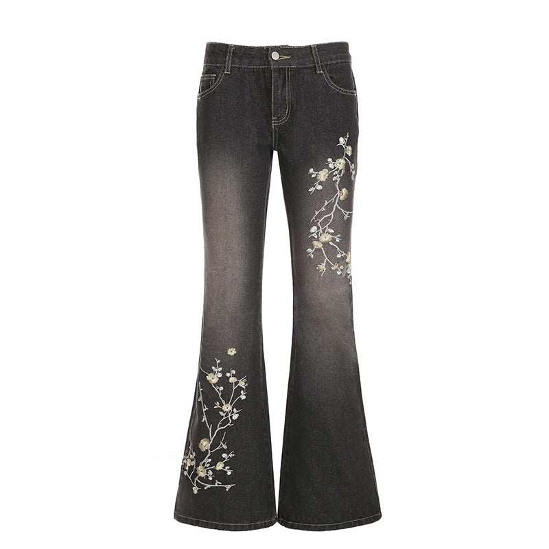 Damen Flared Jeans mit floralem Stickdesign und hohem Taillenbund Drune