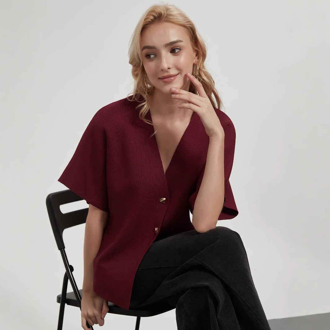 Damen modische Strickjacke mit tiefem V-Ausschnitt und eleganter Knopfleiste Drune