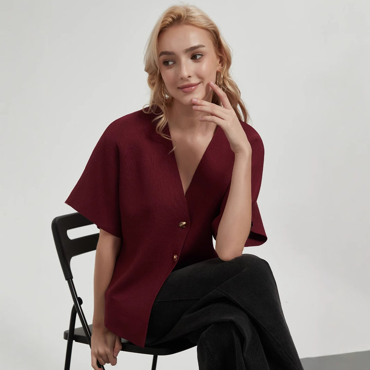 Damen modische Strickjacke mit tiefem V-Ausschnitt und eleganter Knopfleiste Drune