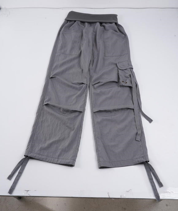 Damen Weite Cargo-Hose mit hohem Umschlagbund, Utility-Tasche und Kordelzug Drune