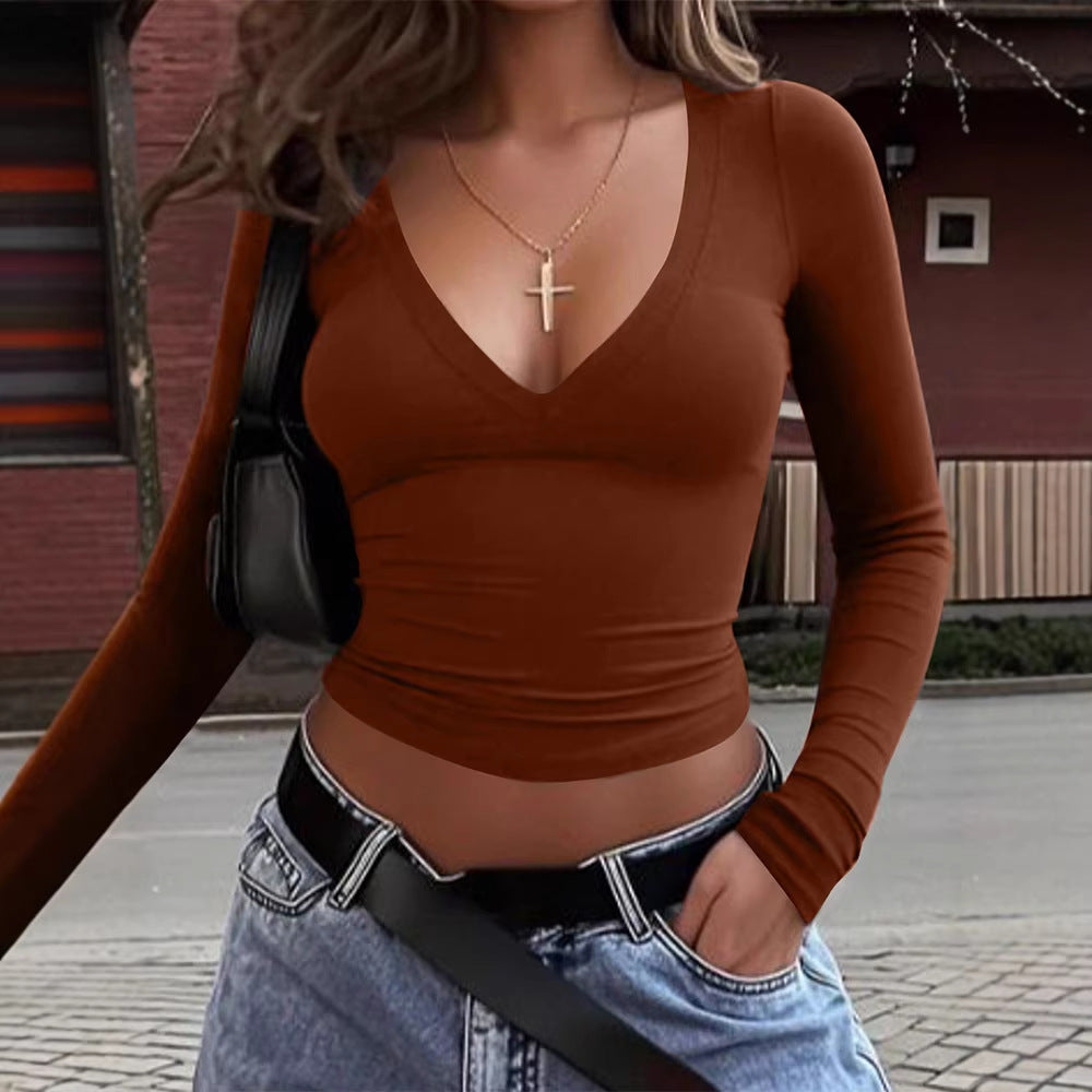 Damen cropped Langarmshirt mit V-Ausschnitt und elastischem Material Drune