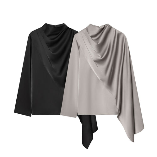 Damen nan asymmetrische Drapé-Bluse mit Wasserfallkragen und Einarm-Volant Drune